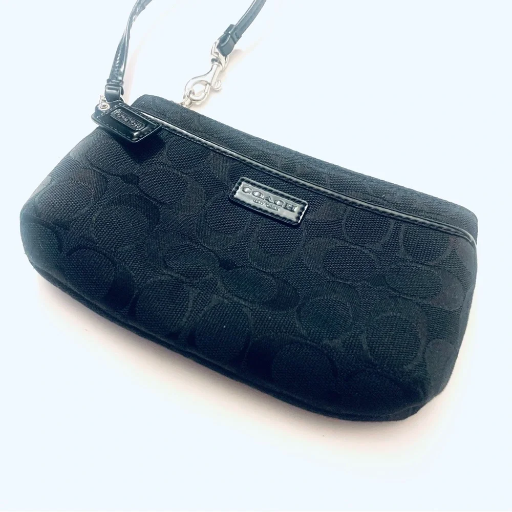 COACH Black Canvas Wristlet Signature Monogram Leather Trim Mini Pouch